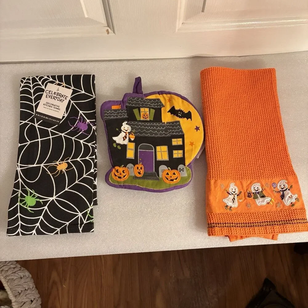 Halloween 3 Piece Kitchen Set. Dish Towel-Ghosts, 1 W/ Spiders, Web & Pot Holder